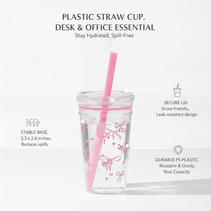 Plastic Straw Cup with Lid, 475ml Reusable Tumbler for Cold Beverages, Desk and Office Use (1 PC)