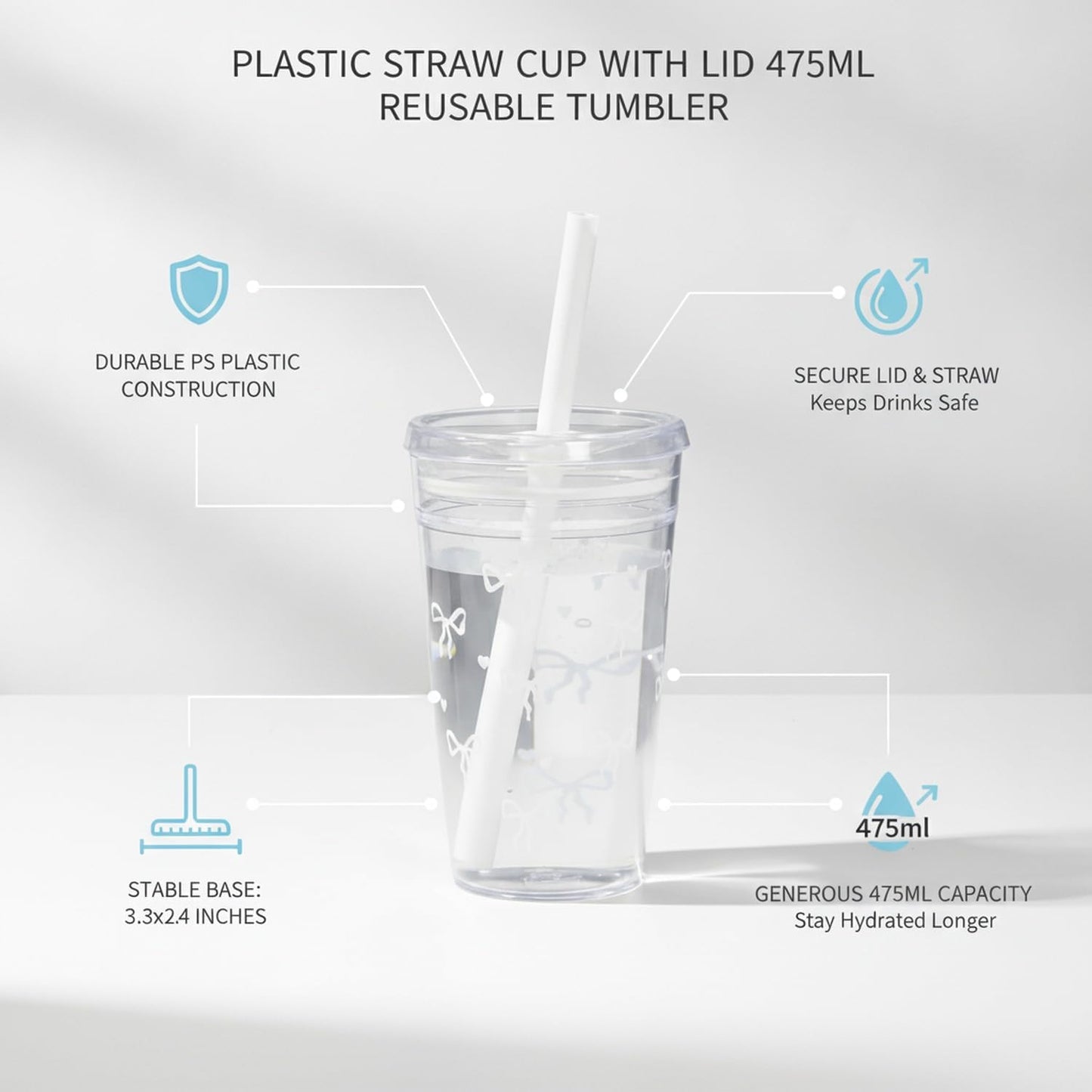 Plastic Straw Cup with Lid, 475ml Reusable Tumbler for Cold Beverages, Desk and Office Use (1 PC)