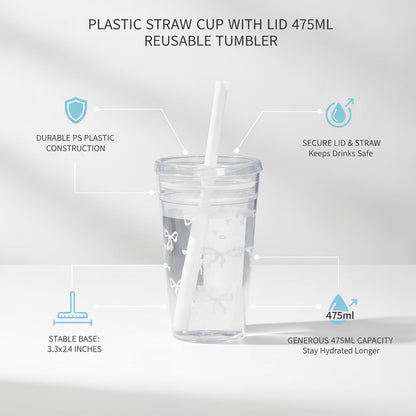Plastic Straw Cup with Lid, 475ml Reusable Tumbler for Cold Beverages, Desk and Office Use (1 PC)