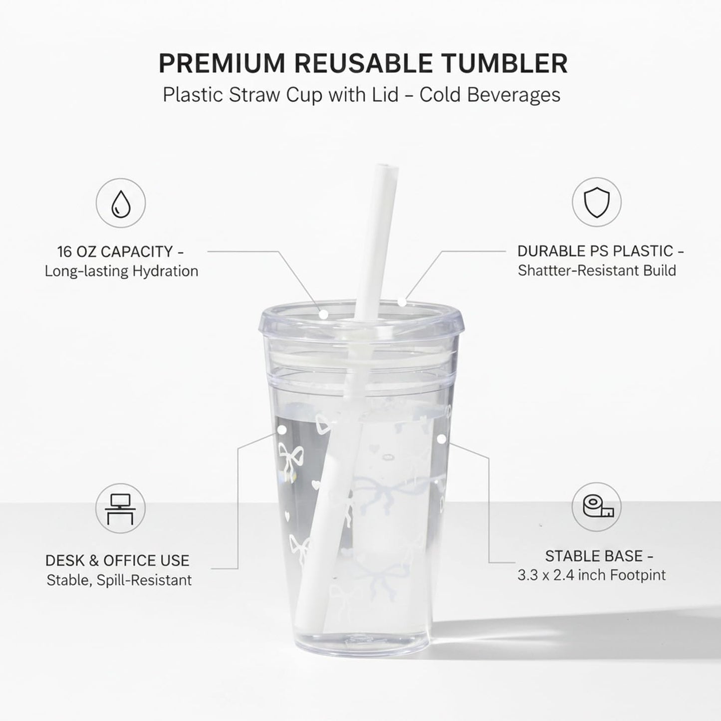 Plastic Straw Cup with Lid, 475ml Reusable Tumbler for Cold Beverages, Desk and Office Use (1 PC)