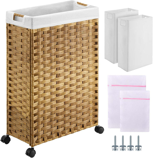 Laundry Hamper with Wheels & Handles, 26.4 Gallon (100L) Slim Laundry Basket with 2 Removable Liner Bags & 2 Mesh Bags, Foldable Narrow Clothes Hamper for Bedroom, Bathroom, Closet, Natural