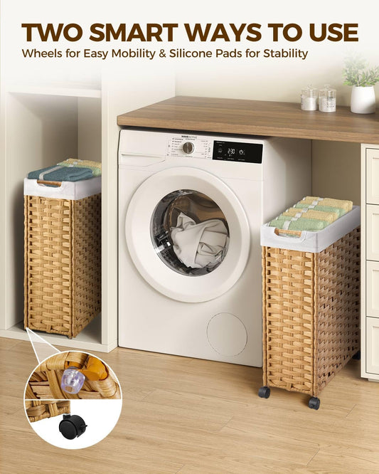 Laundry Hamper with Wheels & Handles, 26.4 Gallon (100L) Slim Laundry Basket with 2 Removable Liner Bags & 2 Mesh Bags, Foldable Narrow Clothes Hamper for Bedroom, Bathroom, Closet, Natural