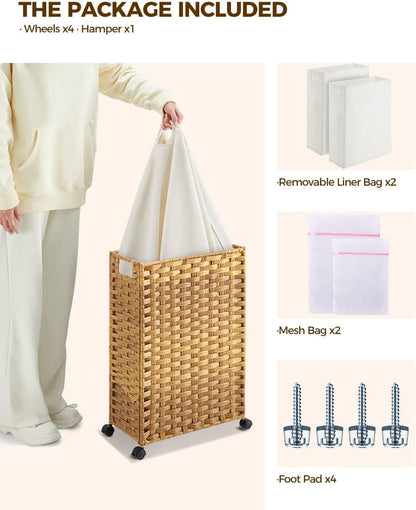 Laundry Hamper with Wheels & Handles, 26.4 Gallon (100L) Slim Laundry Basket with 2 Removable Liner Bags & 2 Mesh Bags, Foldable Narrow Clothes Hamper for Bedroom, Bathroom, Closet, Natural