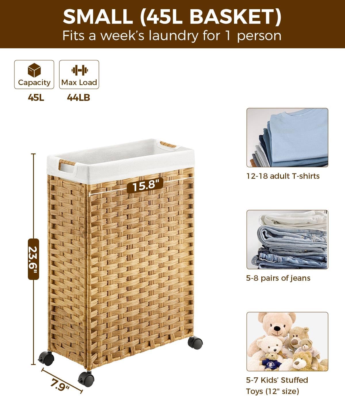Laundry Hamper with Wheels & Handles, 26.4 Gallon (100L) Slim Laundry Basket with 2 Removable Liner Bags & 2 Mesh Bags, Foldable Narrow Clothes Hamper for Bedroom, Bathroom, Closet, Natural
