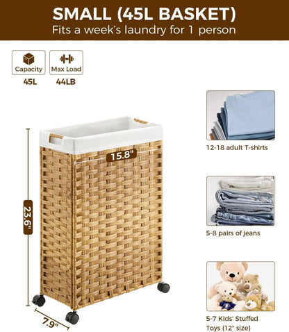 Laundry Hamper with Wheels & Handles, 26.4 Gallon (100L) Slim Laundry Basket with 2 Removable Liner Bags & 2 Mesh Bags, Foldable Narrow Clothes Hamper for Bedroom, Bathroom, Closet, Natural