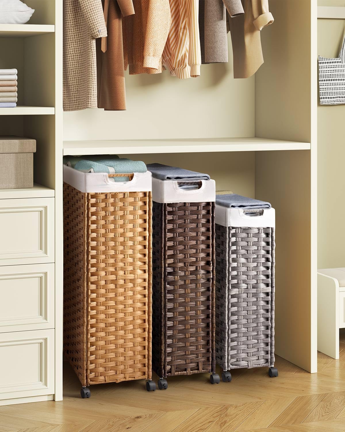 Laundry Hamper with Wheels & Handles, 26.4 Gallon (100L) Slim Laundry Basket with 2 Removable Liner Bags & 2 Mesh Bags, Foldable Narrow Clothes Hamper for Bedroom, Bathroom, Closet, Natural