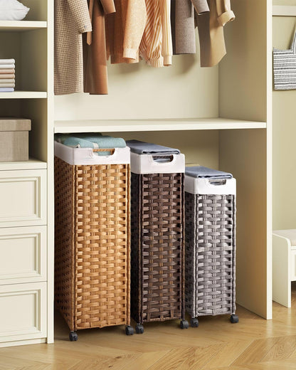 Laundry Hamper with Wheels & Handles, 26.4 Gallon (100L) Slim Laundry Basket with 2 Removable Liner Bags & 2 Mesh Bags, Foldable Narrow Clothes Hamper for Bedroom, Bathroom, Closet, Natural