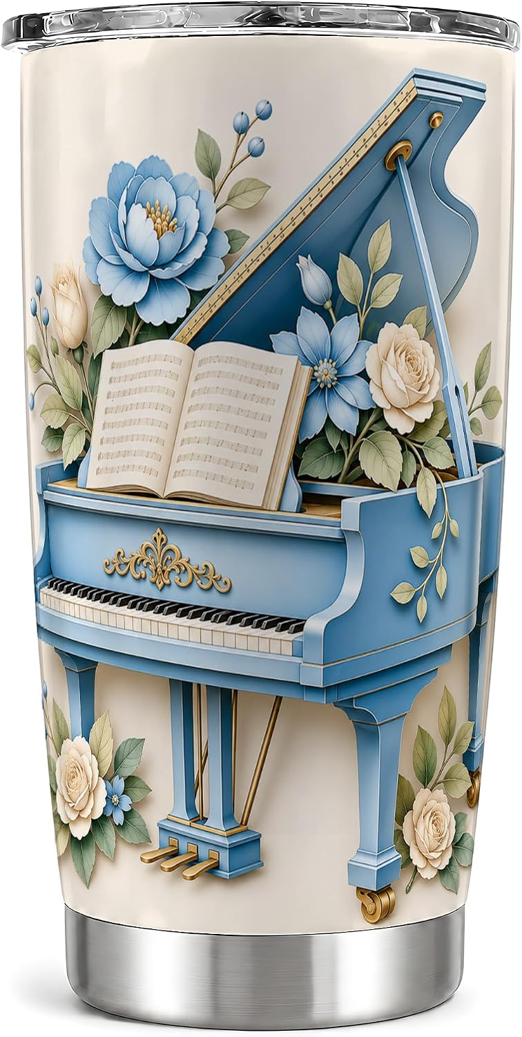 Blue Grand Piano Tumbler, Floral Music Art Tumbler 20 oz, Stainless Steel | Soft piano florals for coffee, tea or iced drinks at home, office or travel