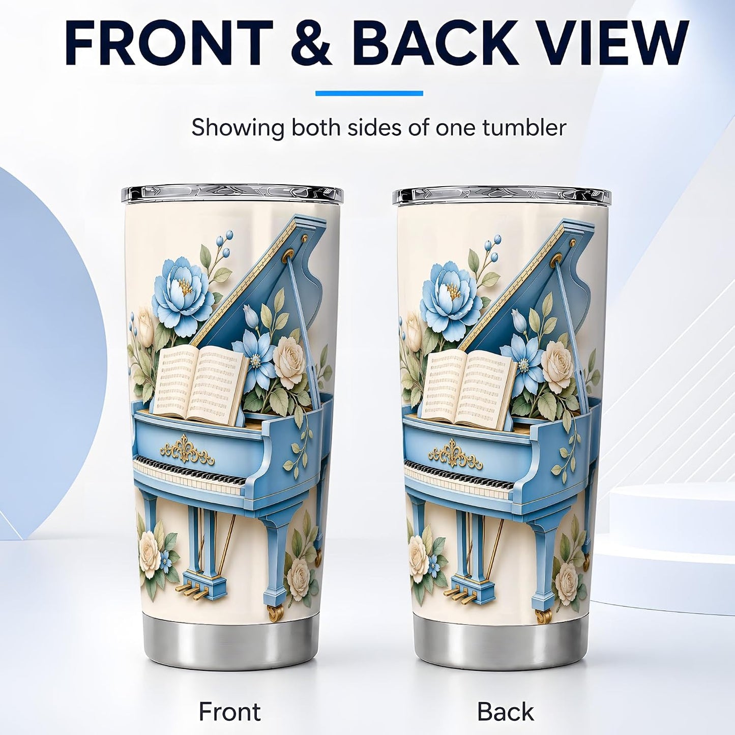 Blue Grand Piano Tumbler, Floral Music Art Tumbler 20 oz, Stainless Steel | Soft piano florals for coffee, tea or iced drinks at home, office or travel