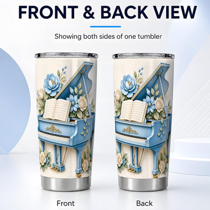 Blue Grand Piano Tumbler, Floral Music Art Tumbler 20 oz, Stainless Steel | Soft piano florals for coffee, tea or iced drinks at home, office or travel