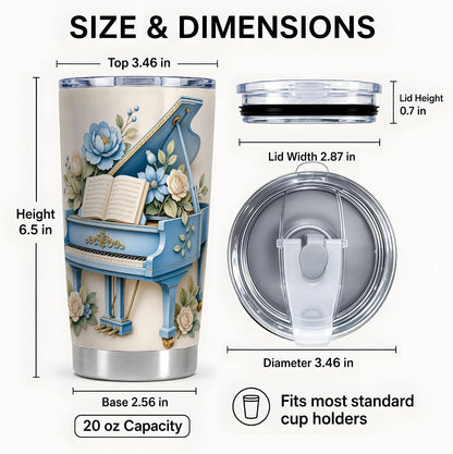 Blue Grand Piano Tumbler, Floral Music Art Tumbler 20 oz, Stainless Steel | Soft piano florals for coffee, tea or iced drinks at home, office or travel