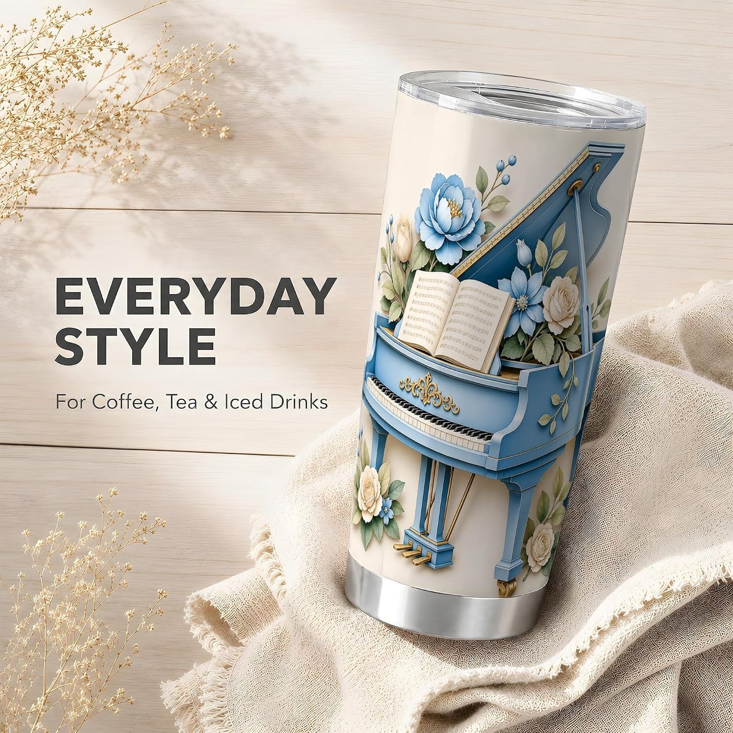 Blue Grand Piano Tumbler, Floral Music Art Tumbler 20 oz, Stainless Steel | Soft piano florals for coffee, tea or iced drinks at home, office or travel