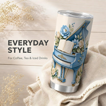 Blue Grand Piano Tumbler, Floral Music Art Tumbler 20 oz, Stainless Steel | Soft piano florals for coffee, tea or iced drinks at home, office or travel