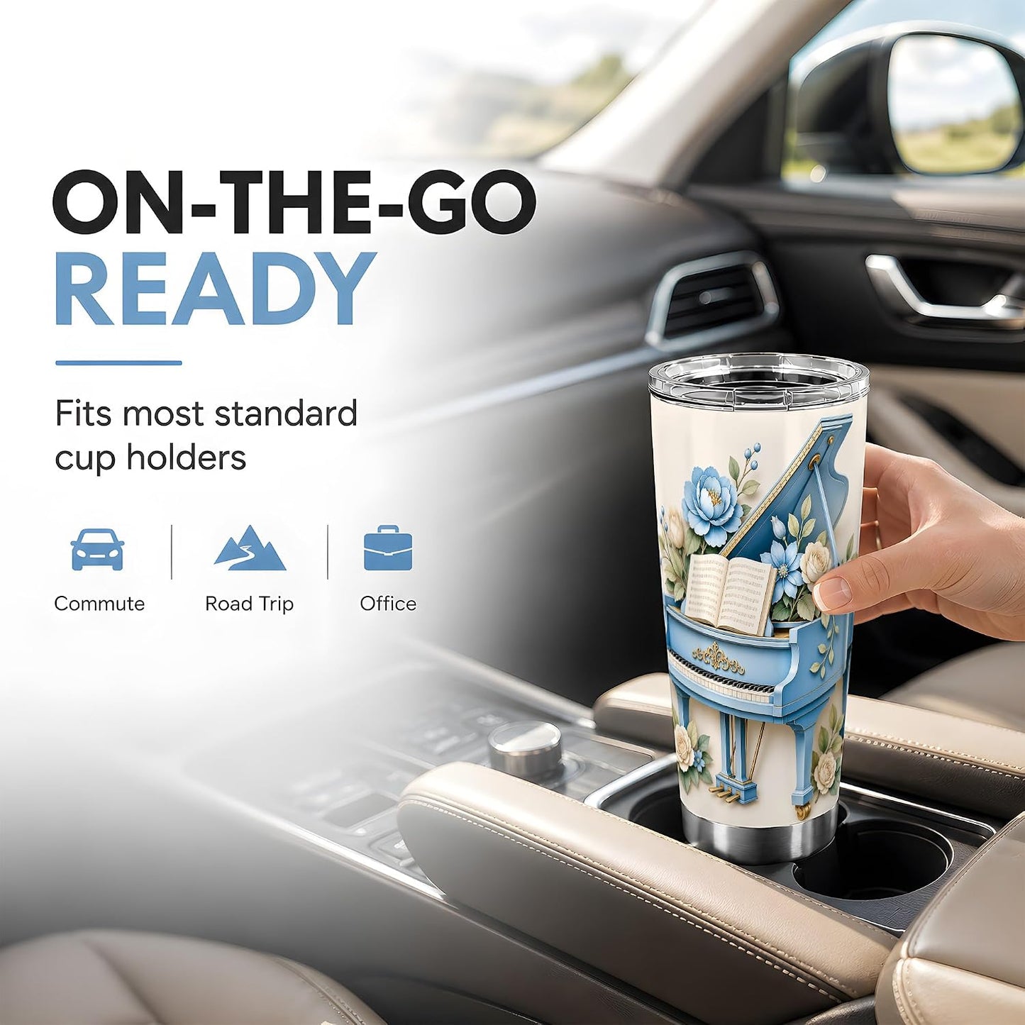 Blue Grand Piano Tumbler, Floral Music Art Tumbler 20 oz, Stainless Steel | Soft piano florals for coffee, tea or iced drinks at home, office or travel