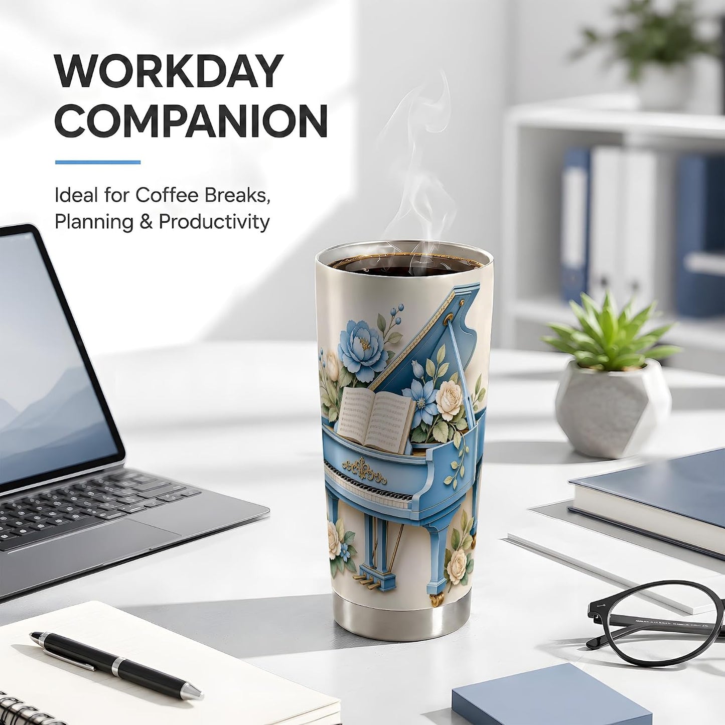 Blue Grand Piano Tumbler, Floral Music Art Tumbler 20 oz, Stainless Steel | Soft piano florals for coffee, tea or iced drinks at home, office or travel