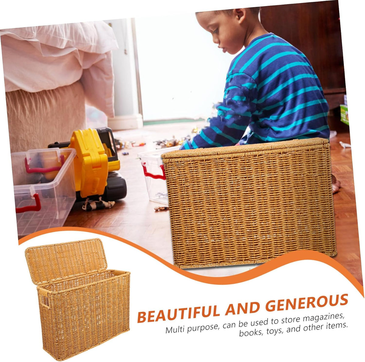 Portable Basket with Lid, Plastic Rectangular Organizer for Small Items