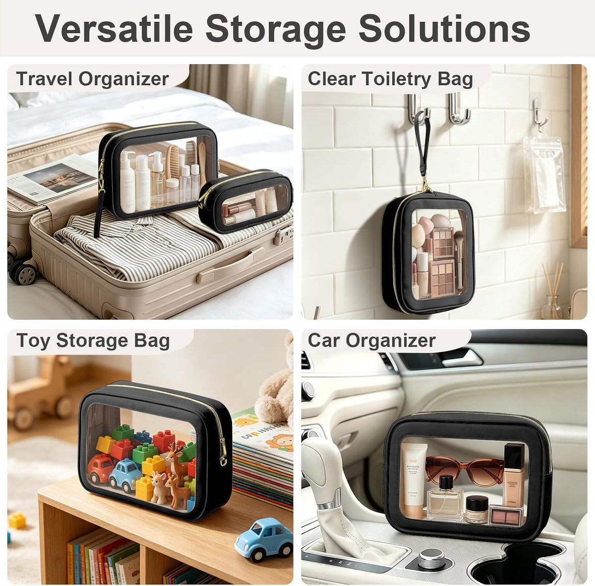 Clear Makeup Bags with Handles, TSA Approved Toiletry Bags, Diaper Bag Organizer Pouch, TPU Car Storage Organizer with Zippers, Waterproof Travel Organizer Bag for Women