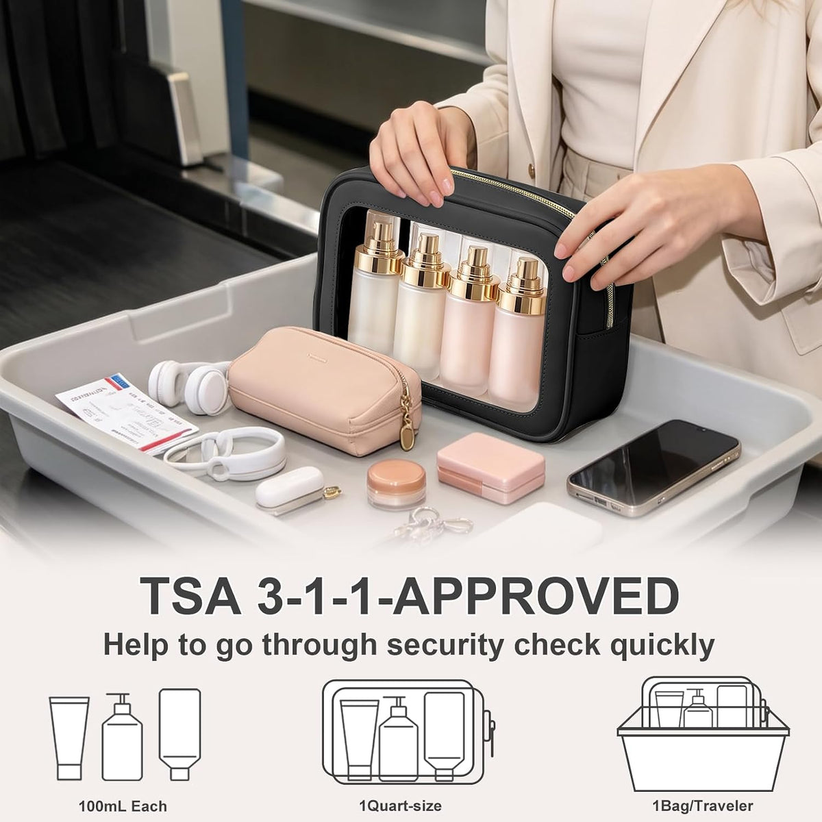 Clear Makeup Bags with Handles, TSA Approved Toiletry Bags, Diaper Bag Organizer Pouch, TPU Car Storage Organizer with Zippers, Waterproof Travel Organizer Bag for Women