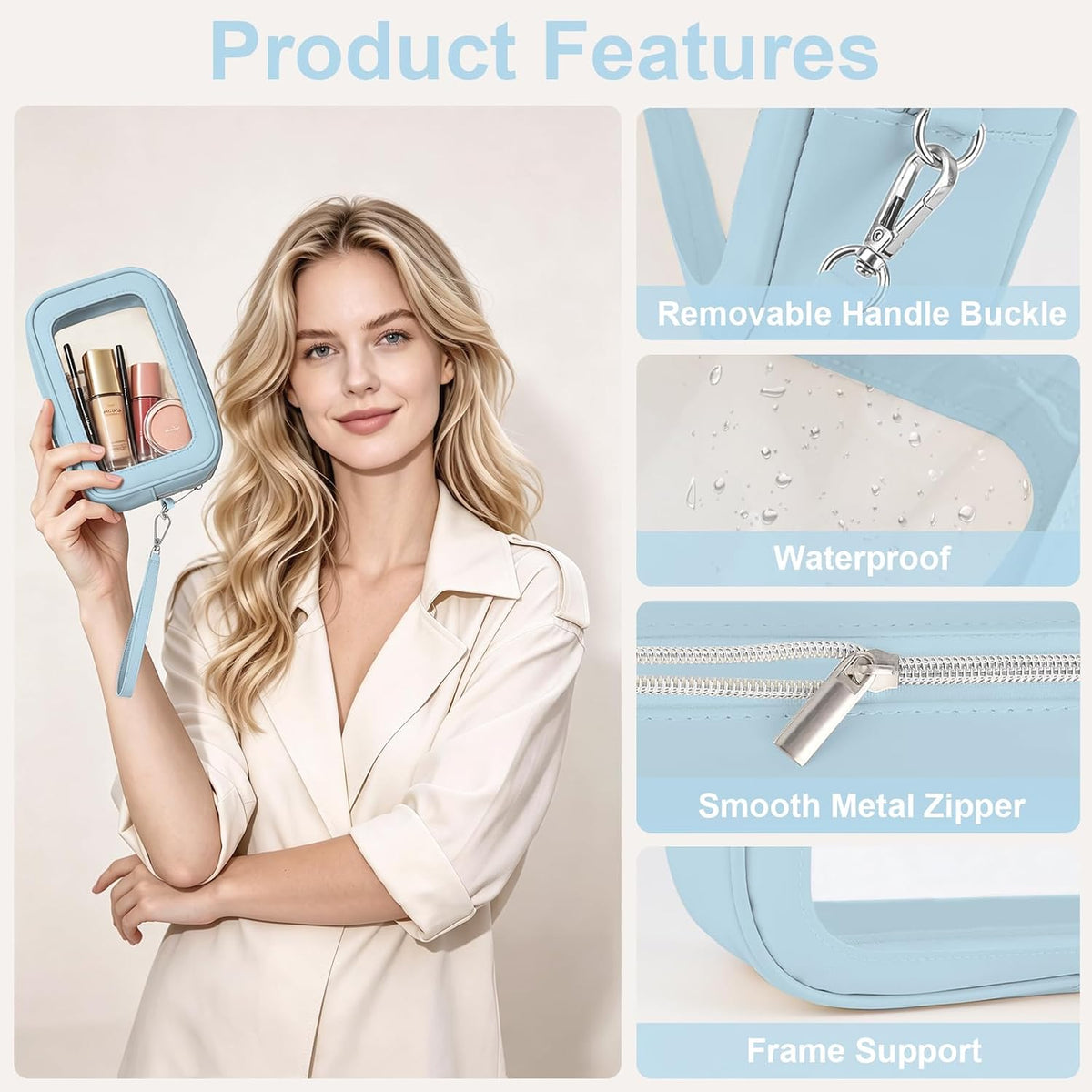 Clear Makeup Bags with Handles, TSA Approved Toiletry Bags, Diaper Bag Organizer Pouch, TPU Car Storage Organizer with Zippers, Waterproof Travel Organizer Bag for Women