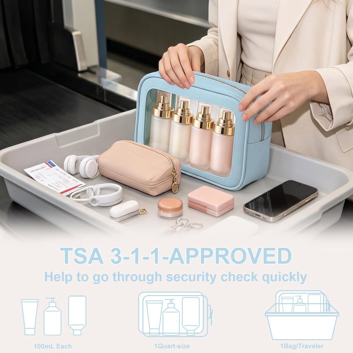 Clear Makeup Bags with Handles, TSA Approved Toiletry Bags, Diaper Bag Organizer Pouch, TPU Car Storage Organizer with Zippers, Waterproof Travel Organizer Bag for Women