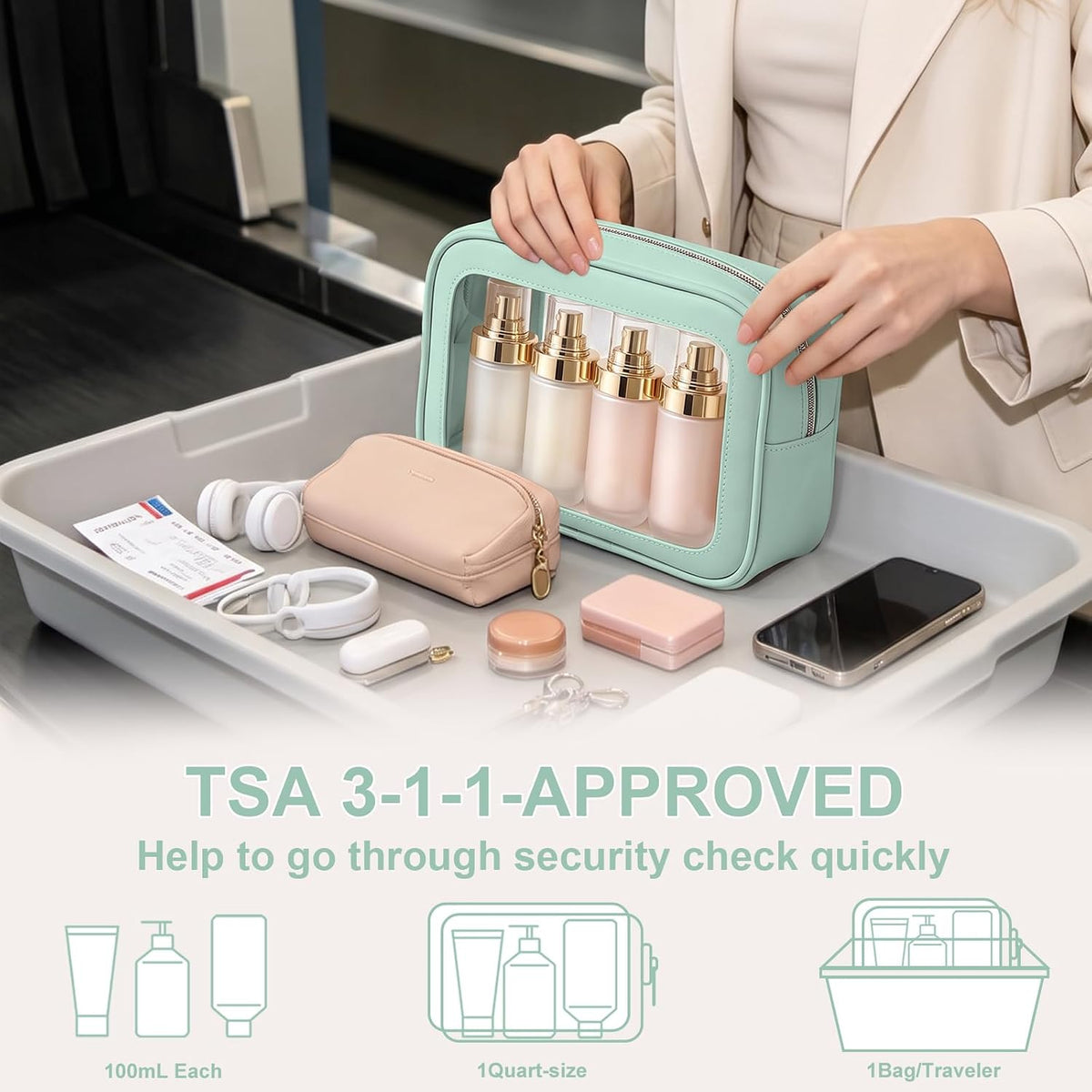 Clear Makeup Bags with Handles, TSA Approved Toiletry Bags, Diaper Bag Organizer Pouch, TPU Car Storage Organizer with Zippers, Waterproof Travel Organizer Bag for Women