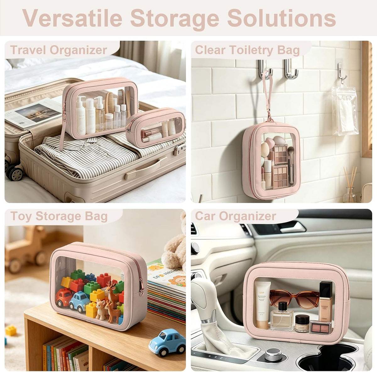 Clear Makeup Bags with Handles, TSA Approved Toiletry Bags, Diaper Bag Organizer Pouch, TPU Car Storage Organizer with Zippers, Waterproof Travel Organizer Bag for Women