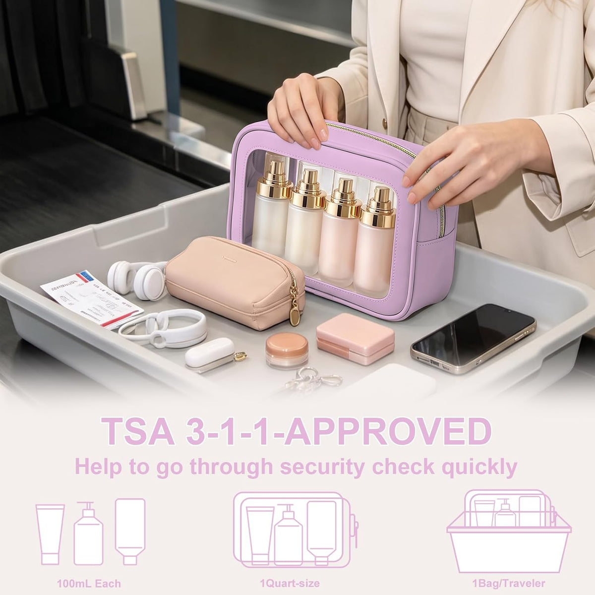 Clear Makeup Bags with Handles, TSA Approved Toiletry Bags, Diaper Bag Organizer Pouch, TPU Car Storage Organizer with Zippers, Waterproof Travel Organizer Bag for Women