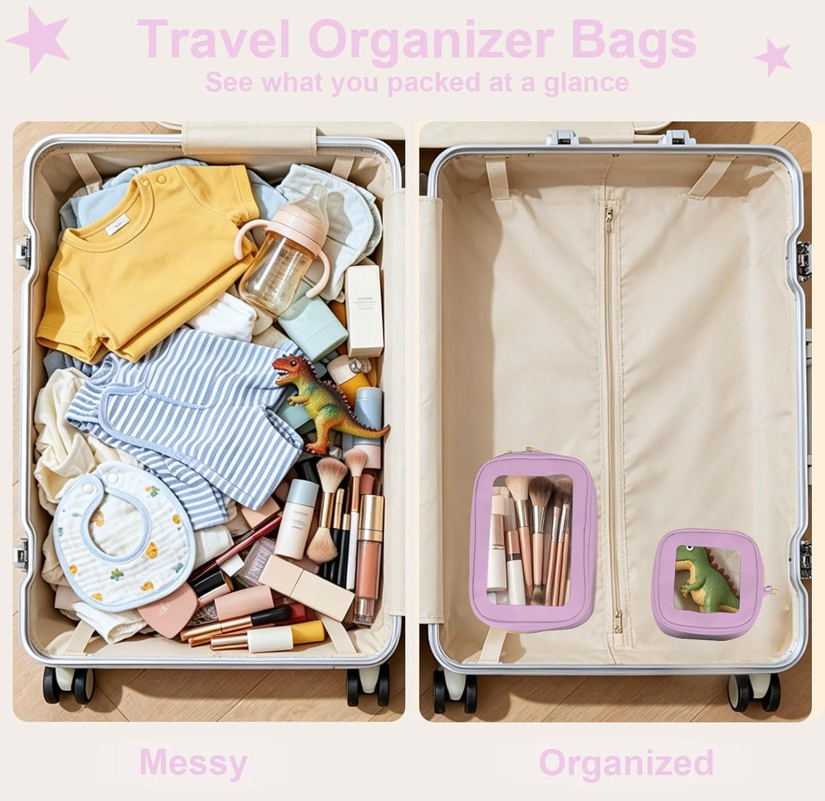 Clear Makeup Bags with Handles, TSA Approved Toiletry Bags, Diaper Bag Organizer Pouch, TPU Car Storage Organizer with Zippers, Waterproof Travel Organizer Bag for Women