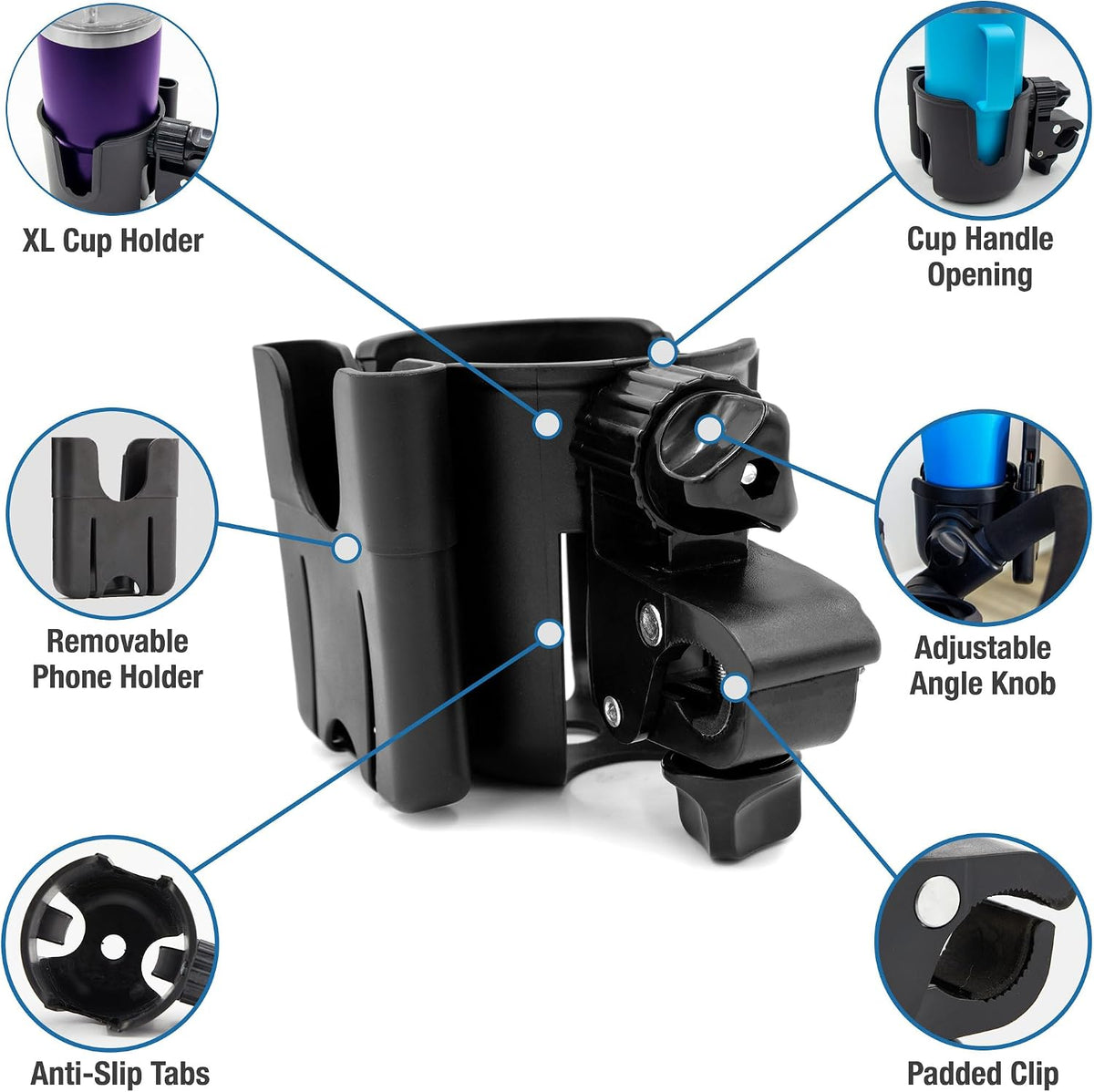 Universal Stroller Cup Holder Attachment with Phone Holder - Adjustable Drink and Phone Organizer for Baby Strollers,Walkers, Bikes & Scooters, Parent Gift