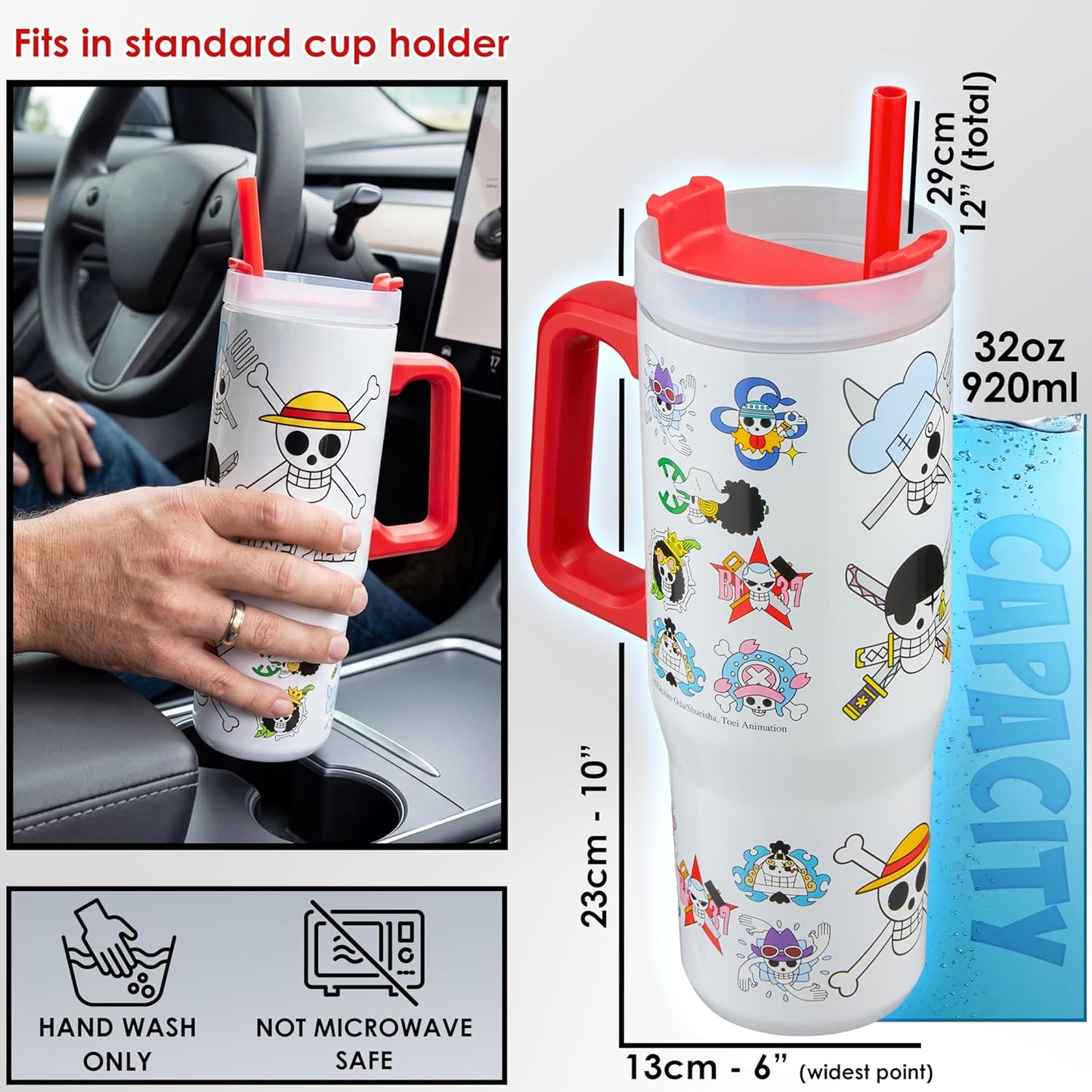One Piece Tumbler with Handle and Straw 32 oz, Keeps Hot 8 Hrs, Cold 12H & Ice 42H, BPA-Free Insulated Stainless Steel Water Bottle, Travel Mug, Anime Gifts (Multi One Piece)