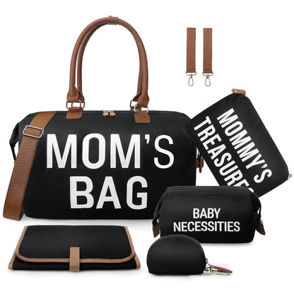 6pcs Large Diaper Bag Tote with Changing Pad & 2 Organized Pouches, Mom's Bag for Hospital with Pacifier Case, Straps, Stroller Hook, Baby Diaper Bag for Weekender Travel