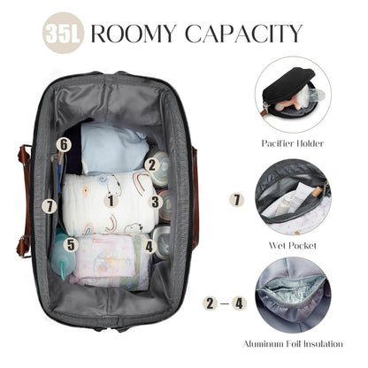 6pcs Large Diaper Bag Tote with Changing Pad & 2 Organized Pouches, Mom's Bag for Hospital with Pacifier Case, Straps, Stroller Hook, Baby Diaper Bag for Weekender Travel