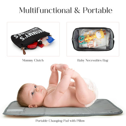 6pcs Large Diaper Bag Tote with Changing Pad & 2 Organized Pouches, Mom's Bag for Hospital with Pacifier Case, Straps, Stroller Hook, Baby Diaper Bag for Weekender Travel