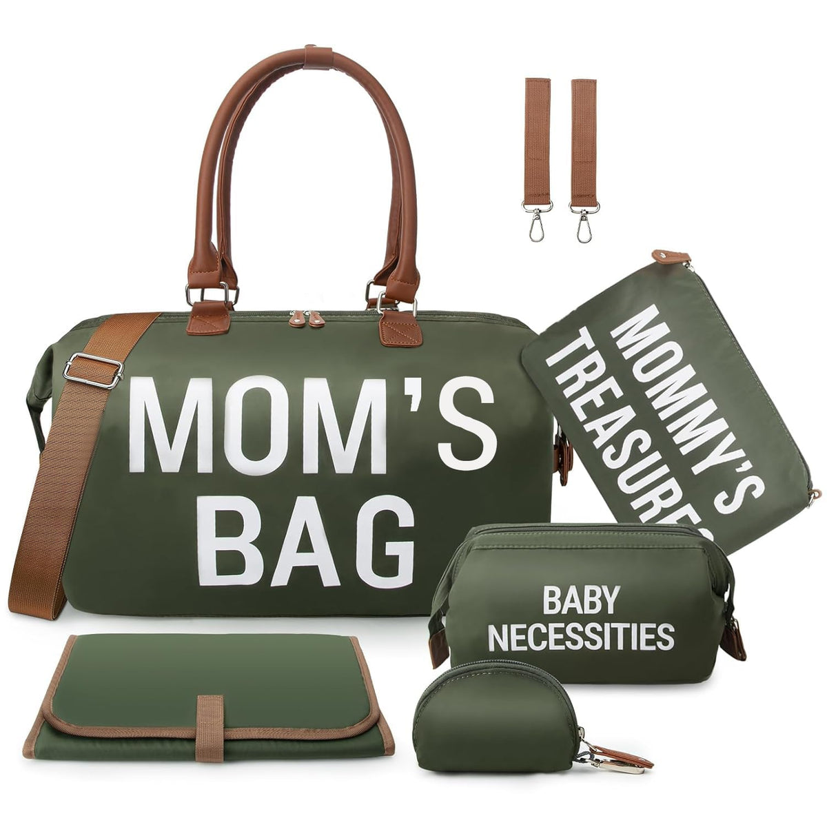 6pcs Large Diaper Bag Tote with Changing Pad & 2 Organized Pouches, Mom's Bag for Hospital with Pacifier Case, Straps, Stroller Hook, Baby Diaper Bag for Weekender Travel