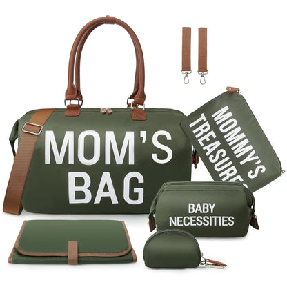 6pcs Large Diaper Bag Tote with Changing Pad & 2 Organized Pouches, Mom's Bag for Hospital with Pacifier Case, Straps, Stroller Hook, Baby Diaper Bag for Weekender Travel