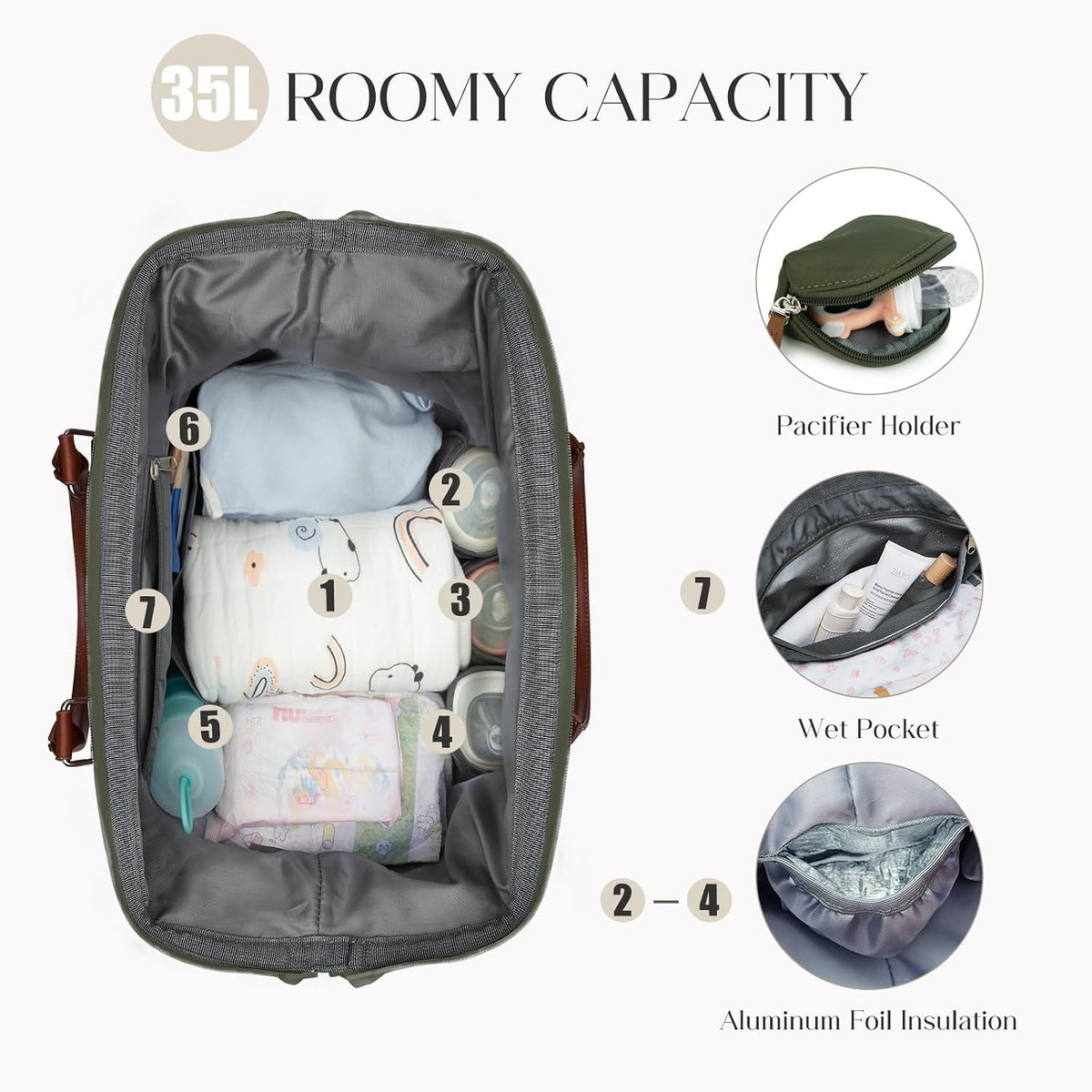 6pcs Large Diaper Bag Tote with Changing Pad & 2 Organized Pouches, Mom's Bag for Hospital with Pacifier Case, Straps, Stroller Hook, Baby Diaper Bag for Weekender Travel
