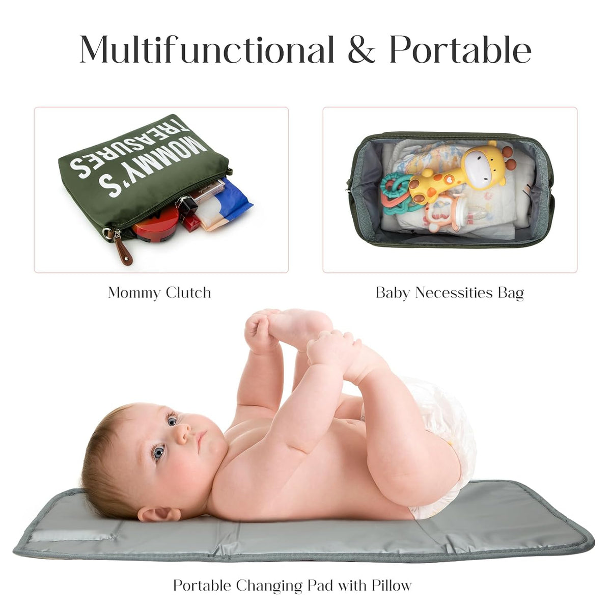 6pcs Large Diaper Bag Tote with Changing Pad & 2 Organized Pouches, Mom's Bag for Hospital with Pacifier Case, Straps, Stroller Hook, Baby Diaper Bag for Weekender Travel