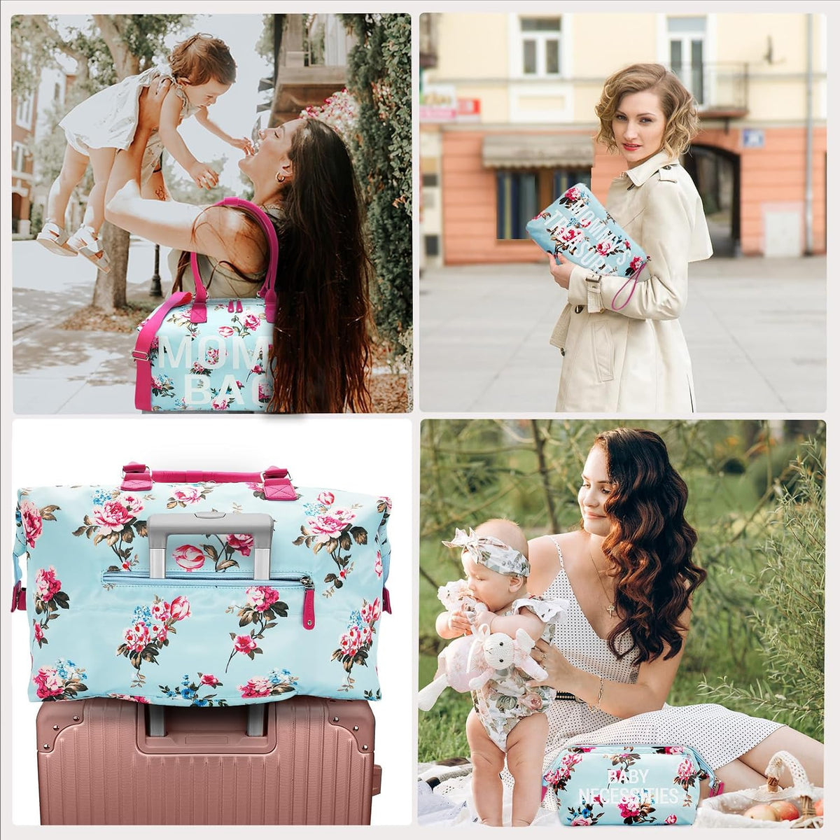 6pcs Large Diaper Bag Tote with Changing Pad & 2 Organized Pouches, Mom's Bag for Hospital with Pacifier Case, Straps, Stroller Hook, Baby Diaper Bag for Weekender Travel