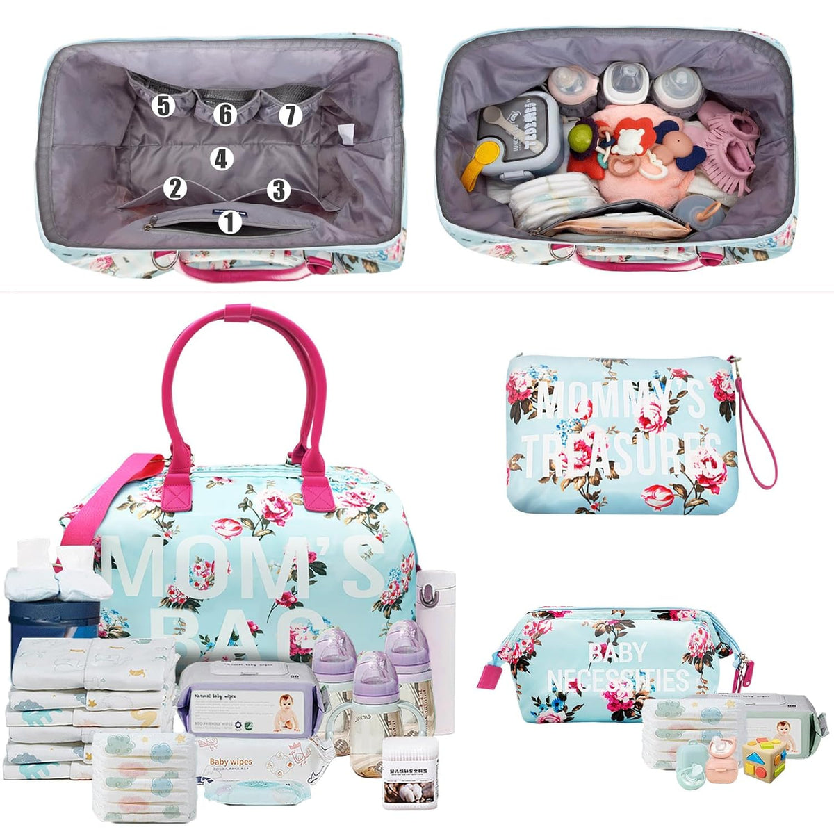 6pcs Large Diaper Bag Tote with Changing Pad & 2 Organized Pouches, Mom's Bag for Hospital with Pacifier Case, Straps, Stroller Hook, Baby Diaper Bag for Weekender Travel