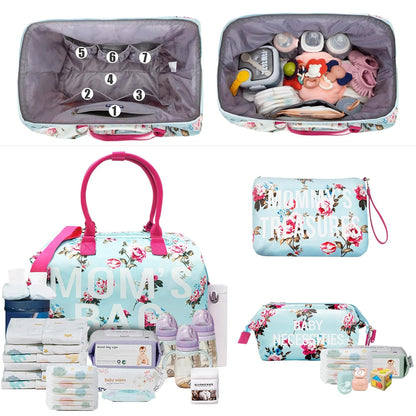 6pcs Large Diaper Bag Tote with Changing Pad & 2 Organized Pouches, Mom's Bag for Hospital with Pacifier Case, Straps, Stroller Hook, Baby Diaper Bag for Weekender Travel