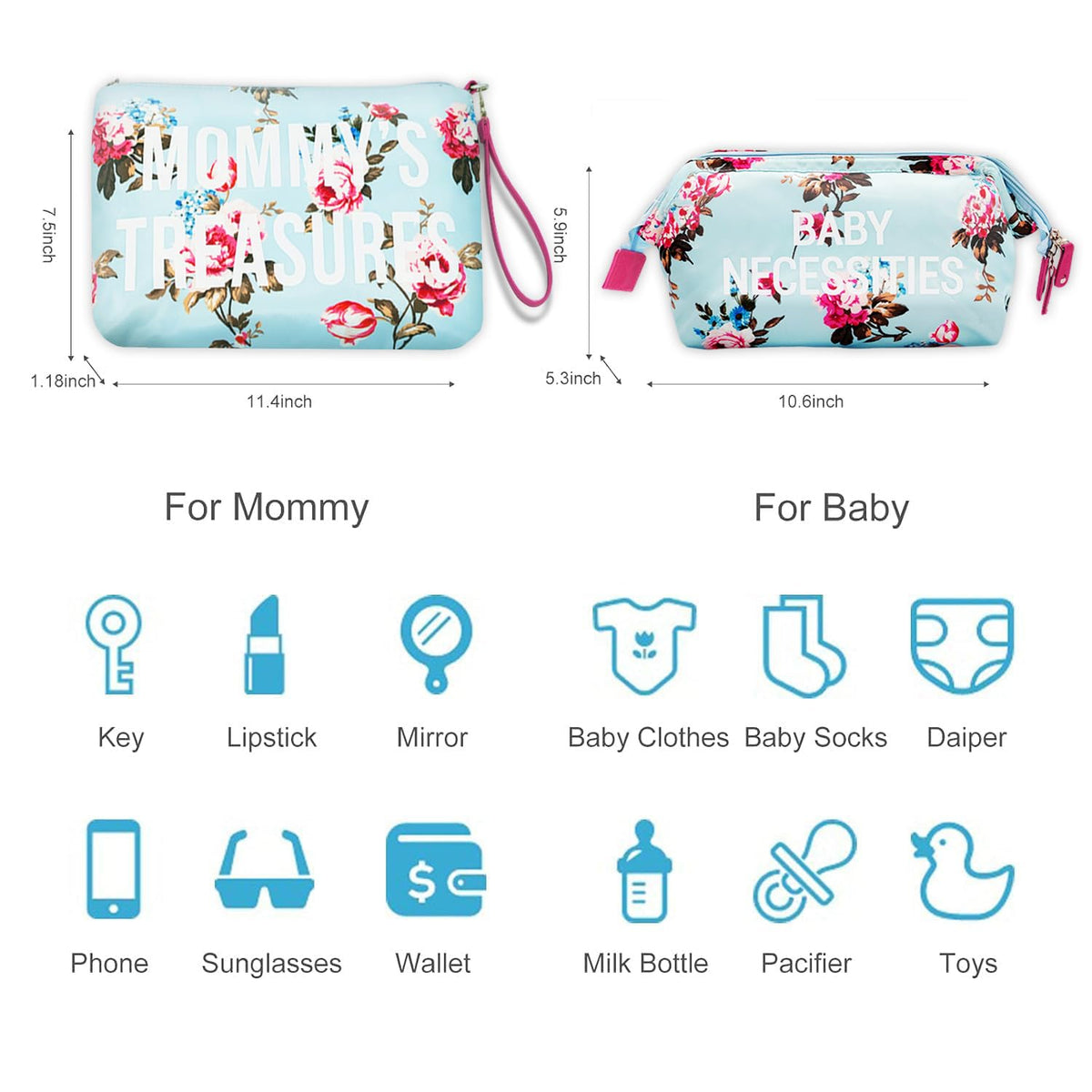 6pcs Large Diaper Bag Tote with Changing Pad & 2 Organized Pouches, Mom's Bag for Hospital with Pacifier Case, Straps, Stroller Hook, Baby Diaper Bag for Weekender Travel