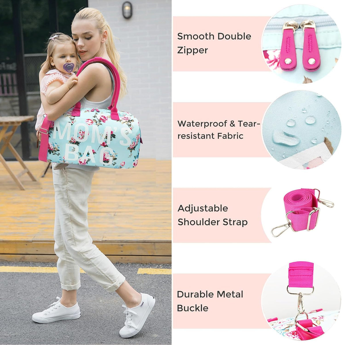 6pcs Large Diaper Bag Tote with Changing Pad & 2 Organized Pouches, Mom's Bag for Hospital with Pacifier Case, Straps, Stroller Hook, Baby Diaper Bag for Weekender Travel