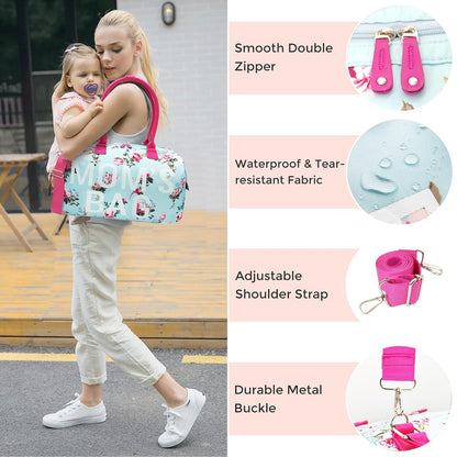 6pcs Large Diaper Bag Tote with Changing Pad & 2 Organized Pouches, Mom's Bag for Hospital with Pacifier Case, Straps, Stroller Hook, Baby Diaper Bag for Weekender Travel