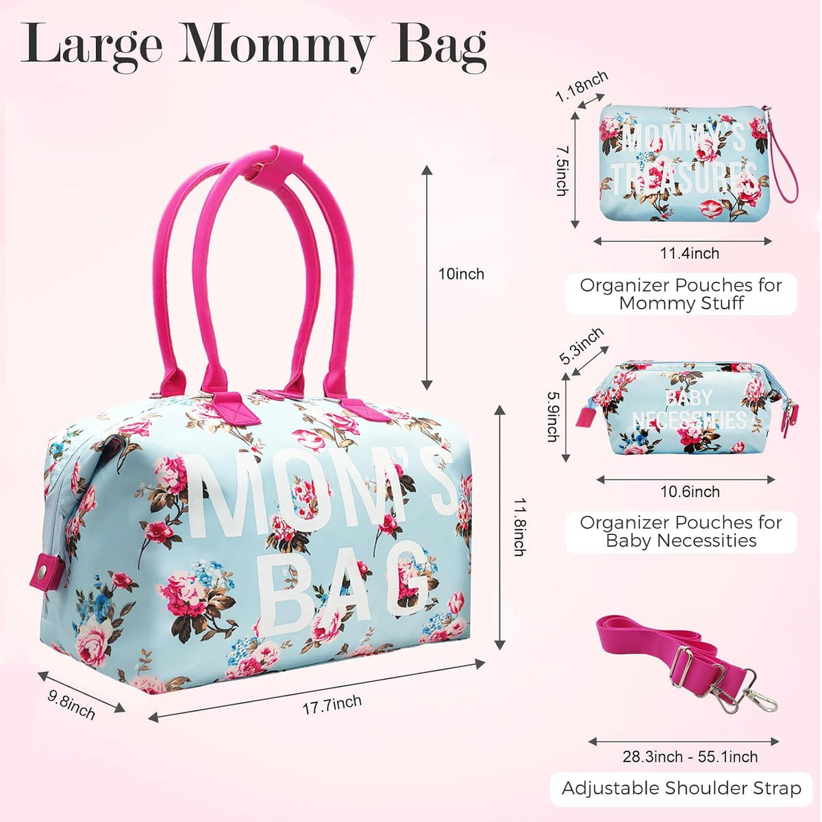 6pcs Large Diaper Bag Tote with Changing Pad & 2 Organized Pouches, Mom's Bag for Hospital with Pacifier Case, Straps, Stroller Hook, Baby Diaper Bag for Weekender Travel