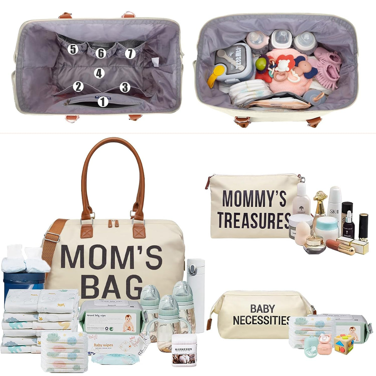 6pcs Large Diaper Bag Tote with Changing Pad & 2 Organized Pouches, Mom's Bag for Hospital with Pacifier Case, Straps, Stroller Hook, Baby Diaper Bag for Weekender Travel