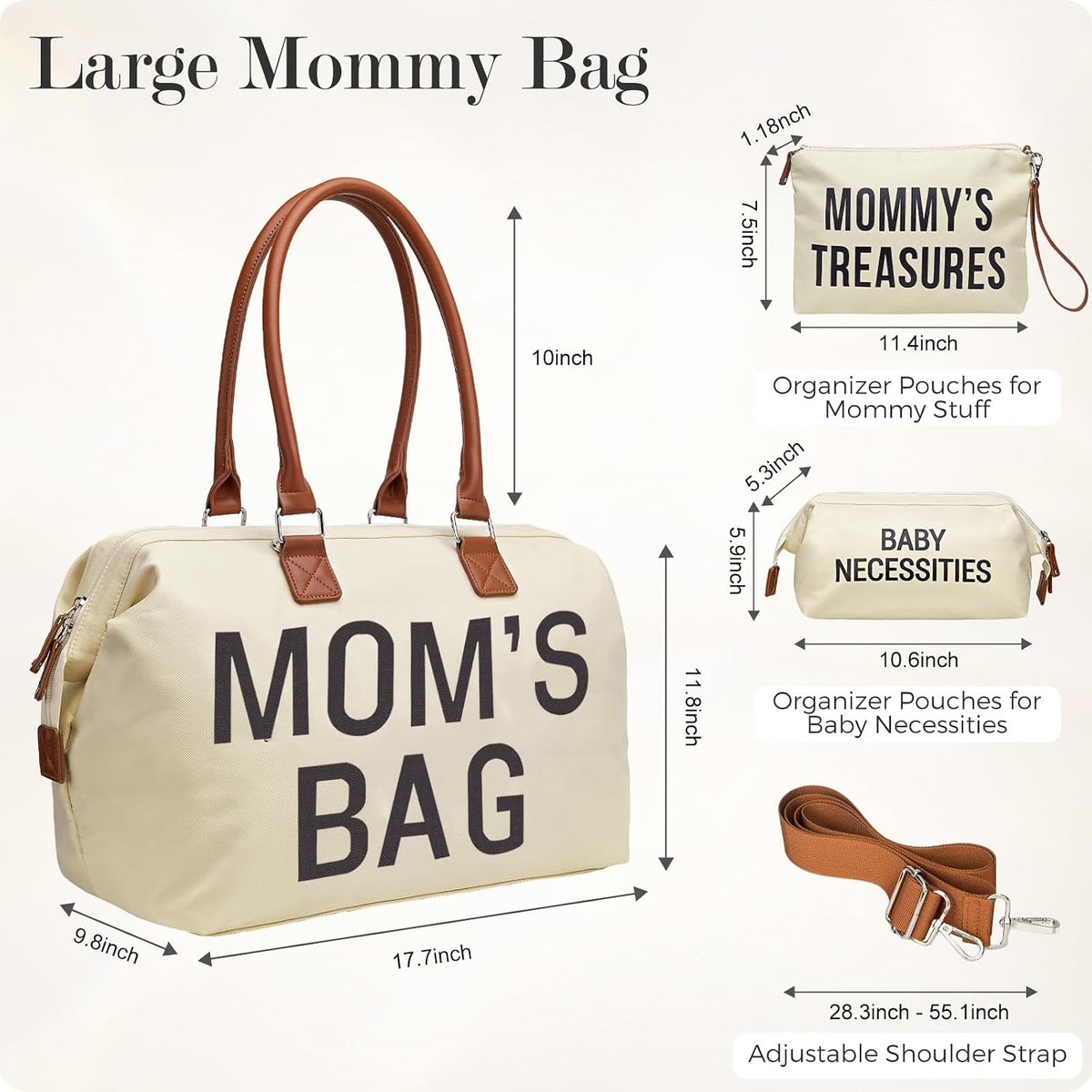 6pcs Large Diaper Bag Tote with Changing Pad & 2 Organized Pouches, Mom's Bag for Hospital with Pacifier Case, Straps, Stroller Hook, Baby Diaper Bag for Weekender Travel