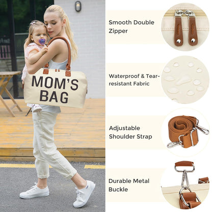 6pcs Large Diaper Bag Tote with Changing Pad & 2 Organized Pouches, Mom's Bag for Hospital with Pacifier Case, Straps, Stroller Hook, Baby Diaper Bag for Weekender Travel
