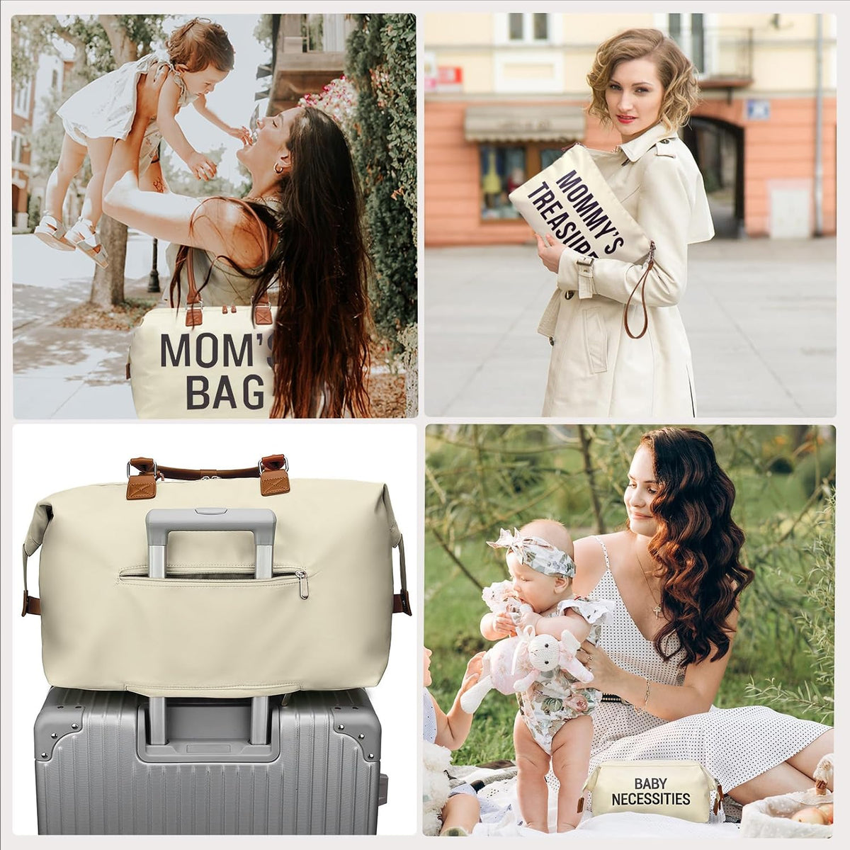 6pcs Large Diaper Bag Tote with Changing Pad & 2 Organized Pouches, Mom's Bag for Hospital with Pacifier Case, Straps, Stroller Hook, Baby Diaper Bag for Weekender Travel