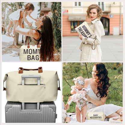 6pcs Large Diaper Bag Tote with Changing Pad & 2 Organized Pouches, Mom's Bag for Hospital with Pacifier Case, Straps, Stroller Hook, Baby Diaper Bag for Weekender Travel