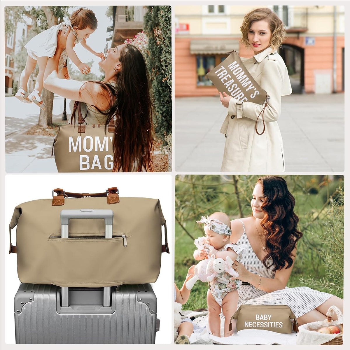 6pcs Large Diaper Bag Tote with Changing Pad & 2 Organized Pouches, Mom's Bag for Hospital with Pacifier Case, Straps, Stroller Hook, Baby Diaper Bag for Weekender Travel